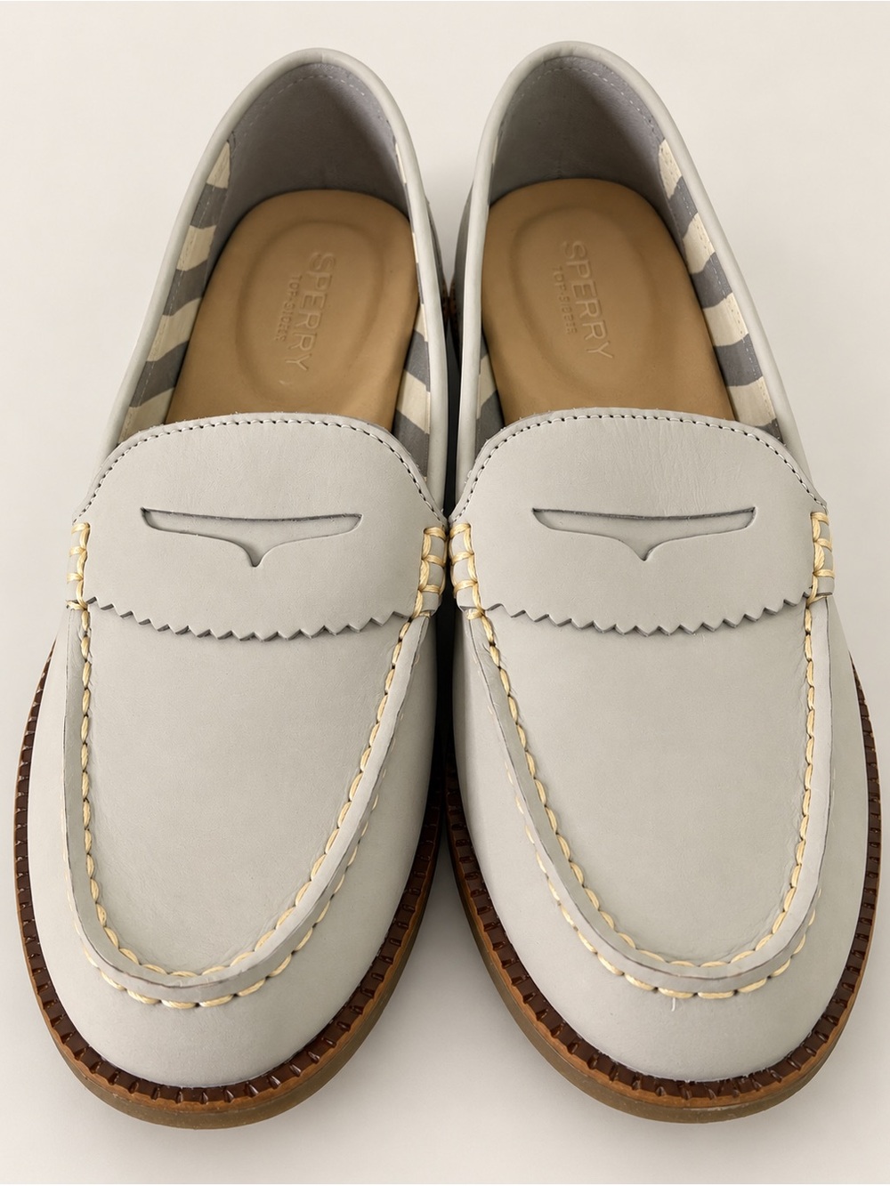 Sperry Light Gray Leather Penny Loafers with Tan Sole and Stitching